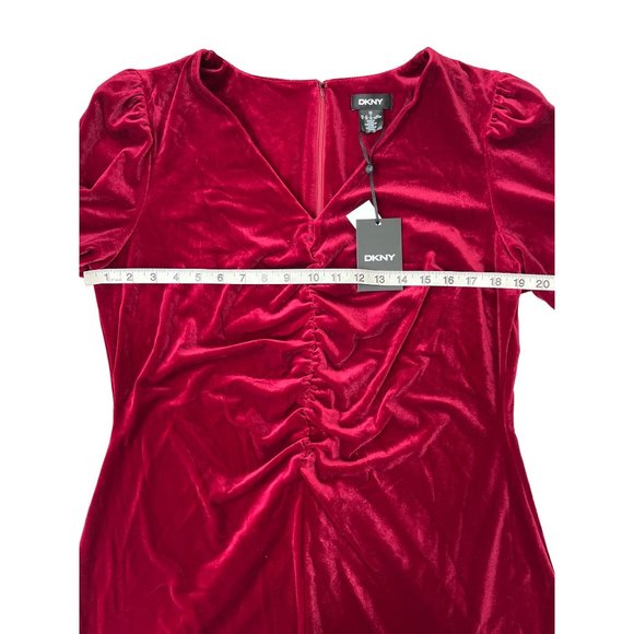 DKNY Womens Red Ruched Zippered Velvet Pouf Sleeve V Neck Dress 16 NWT - Picture 6 of 13